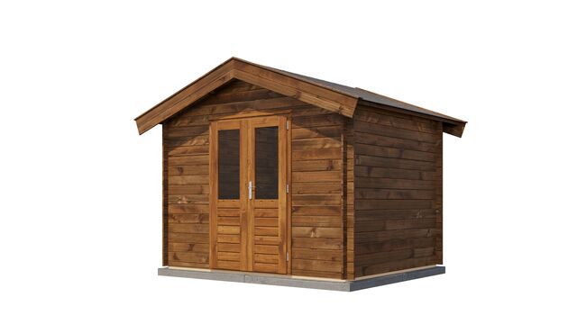 Förråd Höganäs - 3x2,5m (7,5kvm) - Brun Tryckimpregnerat – Sned bakifrån vy som visar förrådets trästruktur och kompakta form.