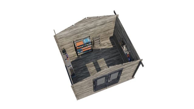 Förråd Höganäs - 3x2,5m (7,5kvm) - Grå Tryckimpregnerat – 3D-vy ovanifrån av interiören med hyllor och verktyg.