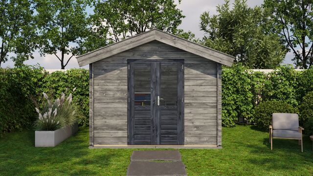 Förråd Höganäs - 3x2,5m (7,5kvm) - Grå Tryckimpregnerat – Sidovy med stängt fönster och tydlig träpanel.