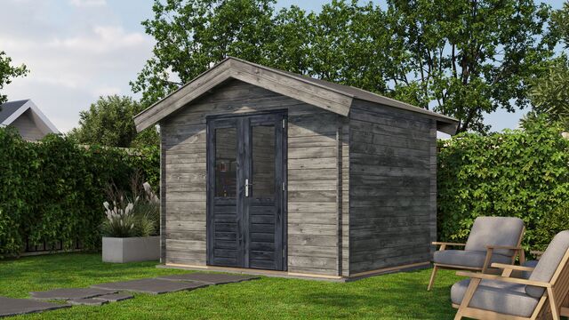 Förråd Höganäs - 3x2,5m (7,5kvm) - Grå Tryckimpregnerat – Sned sidovy som visar fönstrets placering och bakre vägg.