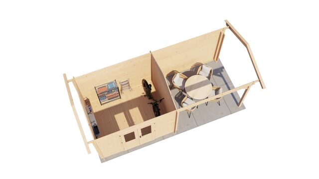 Trädgårdshus Sigtuna - 6x2,5m (15kvm) - Obehandlat – 3D-vy av interiör med förvaring.