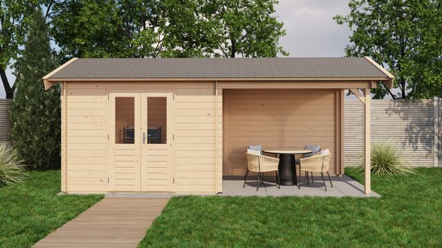 Trädgårdshus Sigtuna - 6x2,5m (15kvm) - Obehandlat – Vy från sidan med stängd dörr.