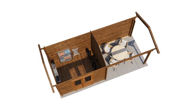 Trädgårdshus Sigtuna - 6x2,5m (15kvm) - Brun Tryckimpregnerat – 3D-vy ovanifrån av interiören med hyllor och verktyg.