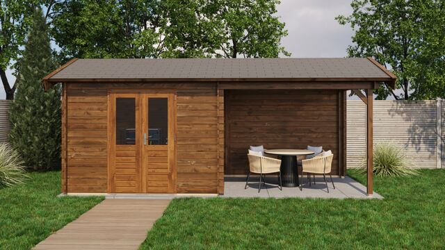Trädgårdshus Sigtuna - 6x2,5m (15kvm) - Brun Tryckimpregnerat – Sidovy med stängt fönster och tydlig träpanel.