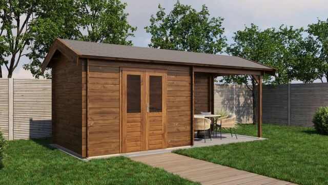 Trädgårdshus Sigtuna - 6x2,5m (15kvm) - Brun Tryckimpregnerat – Rakt framifrån fasadvy med dörr och fönster i stängt läge.