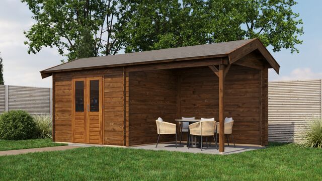 Trädgårdshus Sigtuna - 6x2,5m (15kvm) - Brun Tryckimpregnerat – Sned sidovy som visar fönstrets placering och bakre vägg.