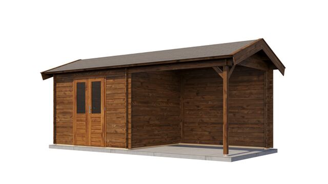 Trädgårdshus Sigtuna - 6x2,5m (15kvm) - Brun Tryckimpregnerat – Sned bakifrån vy som visar förrådets trästruktur och kompakta form.