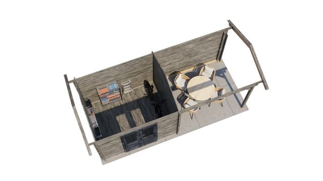 Trädgårdshus Sigtuna - 6x2,5m (15kvm) - Grå Tryckimpregnerat – 3D-vy ovanifrån av interiören med hyllor och verktyg.