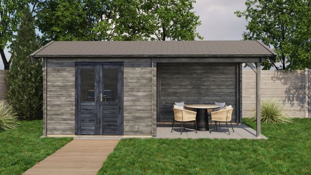 Trädgårdshus Sigtuna - 6x2,5m (15kvm) - Grå Tryckimpregnerat – Sidovy med stängt fönster och tydlig träpanel.