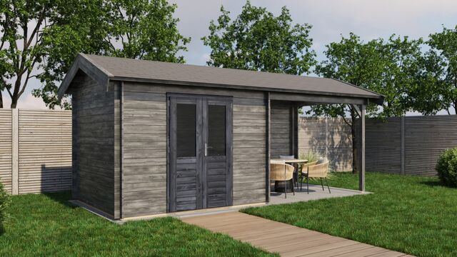Trädgårdshus Sigtuna - 6x2,5m (15kvm) - Grå Tryckimpregnerat – Rakt framifrån fasadvy med dörr och fönster i stängt läge.