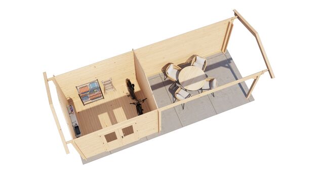 Trädgårdshus Arboga - 7x2,5m (17,5kvm) - Obehandlat – 3D-vy av interiör med förvaring.