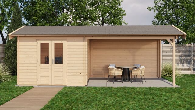 Trädgårdshus Arboga - 7x2,5m (17,5kvm) - Obehandlat – Vy från sidan med stängd dörr.