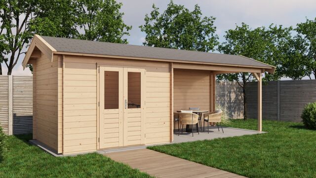 Trädgårdshus Arboga - 7x2,5m (17,5kvm) - Obehandlat – Rakt framifrån där fasaden syns tydligt.