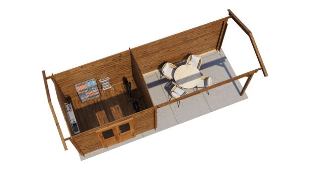 Trädgårdshus Arboga - 7x2,5m (17,5kvm) - Brun Tryckimpregnerat – 3D-vy ovanifrån av interiören med hyllor och verktyg.