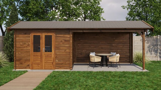 Trädgårdshus Arboga - 7x2,5m (17,5kvm) - Brun Tryckimpregnerat – Sidovy med stängt fönster och tydlig träpanel.