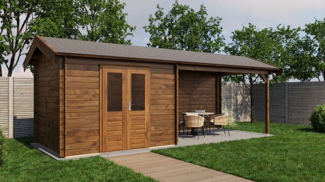 Trädgårdshus Arboga - 7x2,5m (17,5kvm) - Brun Tryckimpregnerat – Rakt framifrån fasadvy med dörr och fönster i stängt läge.