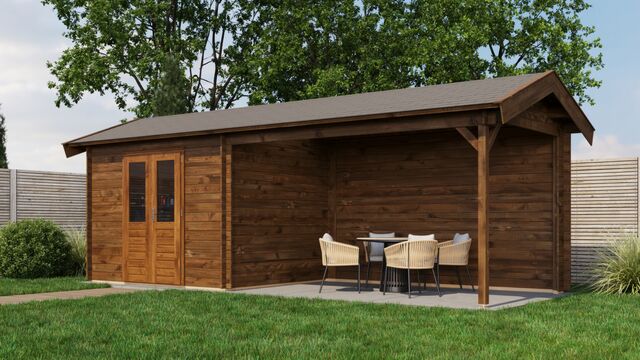 Trädgårdshus Arboga - 7x2,5m (17,5kvm) - Brun Tryckimpregnerat – Sned sidovy som visar fönstrets placering och bakre vägg.