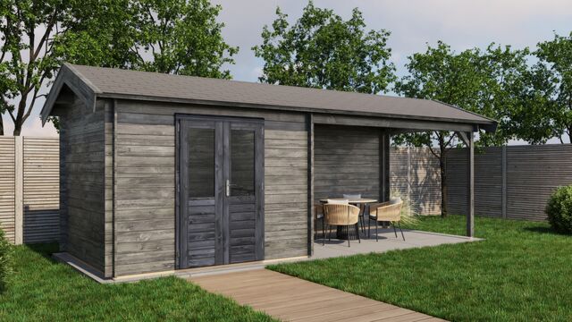 Trädgårdshus Arboga - 7x2,5m (17,5kvm) - Grå Tryckimpregnerat – Rakt framifrån fasadvy med dörr och fönster i stängt läge.