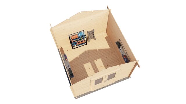 Förråd Eslöv - 3x3m (9kvm) - Obehandlat – 3D-vy av interiör med förvaring.