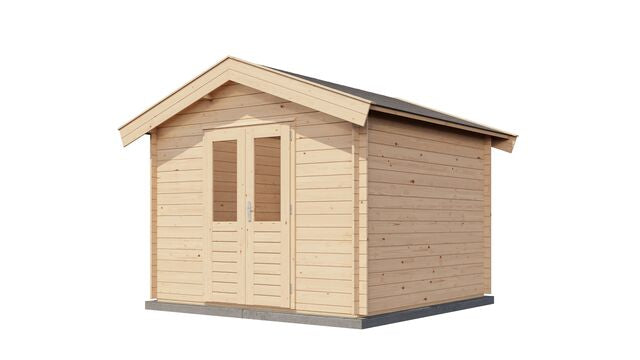 Förråd Eslöv - 3x3m (9kvm) - Obehandlat – Sned sidovy med dörr och fönster synliga.