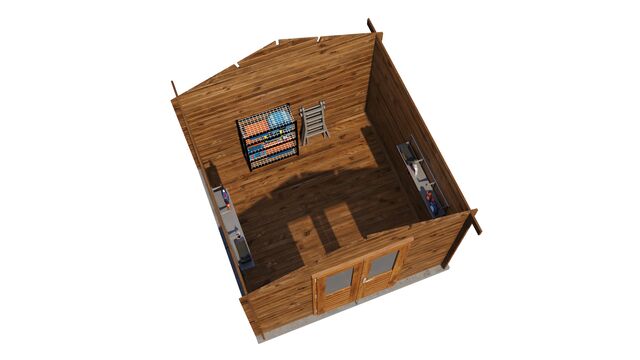 Förråd Eslöv - 3x3m (9kvm) - Brun Tryckimpregnerat – 3D-vy ovanifrån av interiören med hyllor och verktyg.