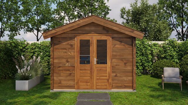 Förråd Eslöv - 3x3m (9kvm) - Brun Tryckimpregnerat – Sidovy med stängt fönster och tydlig träpanel.