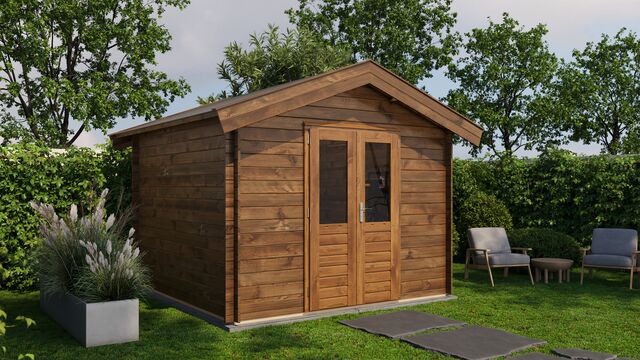 Förråd Eslöv - 3x3m (9kvm) - Brun Tryckimpregnerat – Rakt framifrån fasadvy med dörr och fönster i stängt läge.