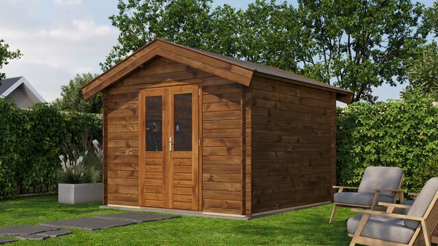 Förråd Eslöv - 3x3m (9kvm) - Brun Tryckimpregnerat – Sned sidovy som visar fönstrets placering och bakre vägg.