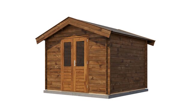 Förråd Eslöv - 3x3m (9kvm) - Brun Tryckimpregnerat – Sned bakifrån vy som visar förrådets trästruktur och kompakta form.