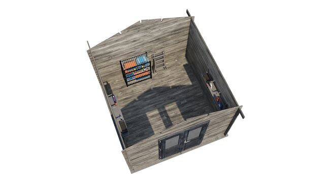 Förråd Eslöv - 3x3m (9kvm) - Grå Tryckimpregnerat – 3D-vy ovanifrån av interiören med hyllor och verktyg.