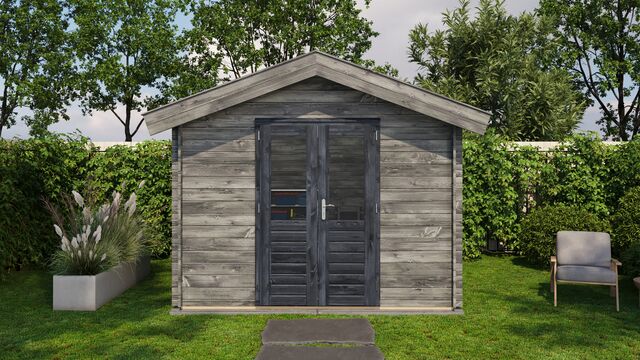 Förråd Eslöv - 3x3m (9kvm) - Grå Tryckimpregnerat – Sidovy med stängt fönster och tydlig träpanel.