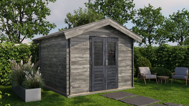 Förråd Eslöv - 3x3m (9kvm) - Grå Tryckimpregnerat – Rakt framifrån fasadvy med dörr och fönster i stängt läge.