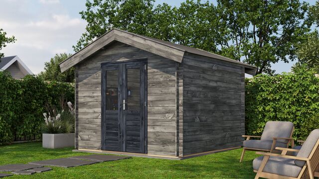 Förråd Eslöv - 3x3m (9kvm) - Grå Tryckimpregnerat – Sned sidovy som visar fönstrets placering och bakre vägg.