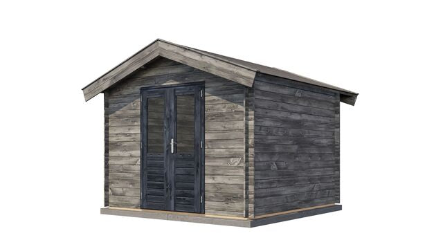 Förråd Eslöv - 3x3m (9kvm) - Grå Tryckimpregnerat – Sned bakifrån vy som visar förrådets trästruktur och kompakta form.