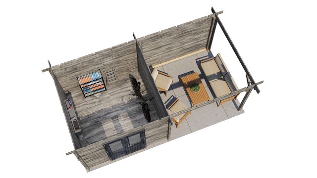 Trädgårdshus Varberg - 6x3 m (18 kvm) - Grå Tryckimpregnerat – 3D-vy ovanifrån av interiören med hyllor och verktyg.