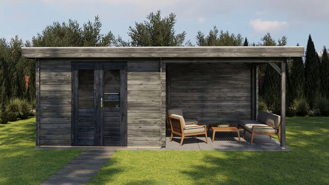 Trädgårdshus Varberg - 6x3 m (18 kvm) - Grå Tryckimpregnerat – Sidovy med stängt fönster och tydlig träpanel.