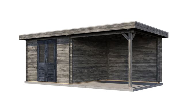 Trädgårdshus Varberg - 6x3 m (18 kvm) - Grå Tryckimpregnerat – Sned bakifrån vy som visar förrådets trästruktur och kompakta form.