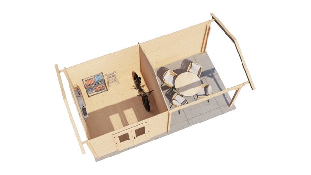 Trädgårdshus Falköping - 6x3m (18kvm) - Obehandlat – 3D-vy av interiör med förvaring.