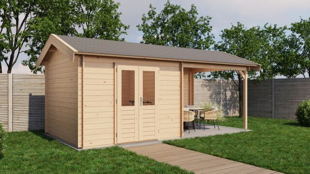 Trädgårdshus Falköping - 6x3m (18kvm) - Obehandlat – Rakt framifrån där fasaden syns tydligt.