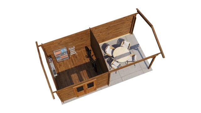 Trädgårdshus Falköping - 6x3m (18kvm) - Brun Tryckimpregnerat – 3D-vy ovanifrån av interiören med hyllor och verktyg.