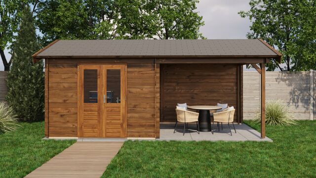 Trädgårdshus Falköping - 6x3m (18kvm) - Brun Tryckimpregnerat – Sidovy med stängt fönster och tydlig träpanel.