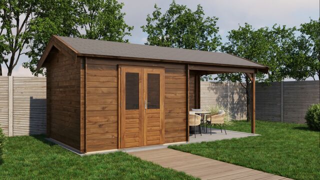 Trädgårdshus Falköping - 6x3m (18kvm) - Brun Tryckimpregnerat – Rakt framifrån fasadvy med dörr och fönster i stängt läge.