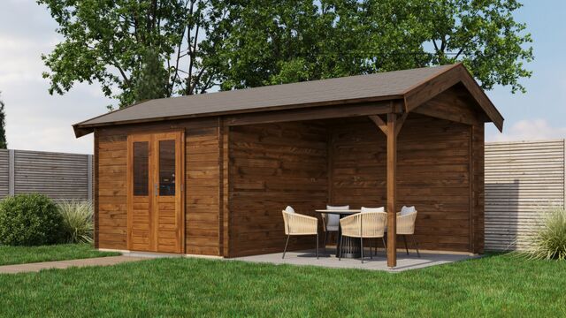 Trädgårdshus Falköping - 6x3m (18kvm) - Brun Tryckimpregnerat – Sned sidovy som visar fönstrets placering och bakre vägg.