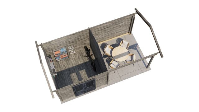 Trädgårdshus Falköping - 6x3m (18kvm) - Grå Tryckimpregnerat – 3D-vy ovanifrån av interiören med hyllor och verktyg.