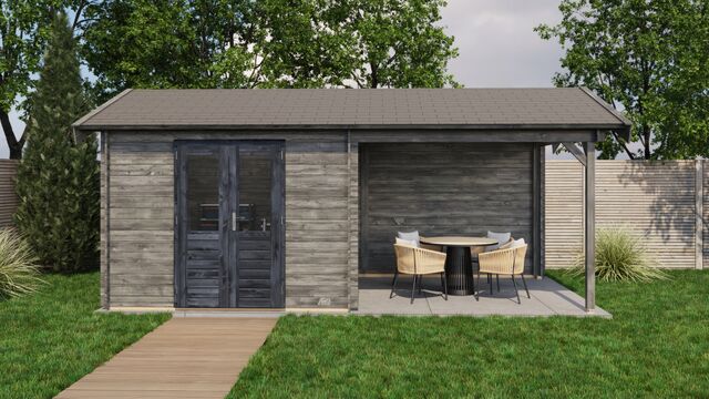 Trädgårdshus Falköping - 6x3m (18kvm) - Grå Tryckimpregnerat – Sidovy med stängt fönster och tydlig träpanel.