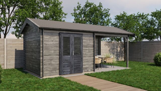 Trädgårdshus Falköping - 6x3m (18kvm) - Grå Tryckimpregnerat – Rakt framifrån fasadvy med dörr och fönster i stängt läge.