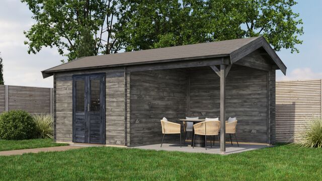 Trädgårdshus Falköping - 6x3m (18kvm) - Grå Tryckimpregnerat – Sned sidovy som visar fönstrets placering och bakre vägg.