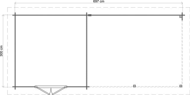 Trädgårdshus Motala - 7x3m (21 kvm) - Grå Tryckimpregnerat – Teknisk ritning uppifrån som visar yttermått.