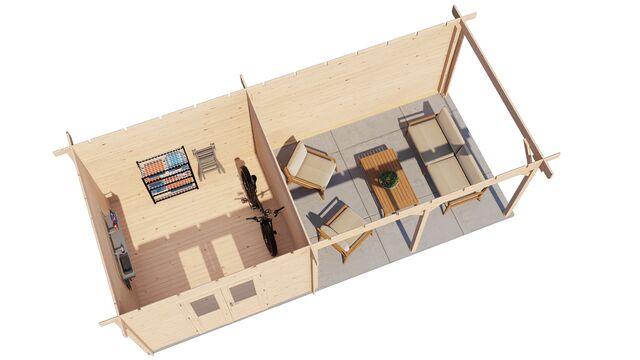 Trädgårdshus Motala - 7x3m (21 kvm) - Obehandlat – 3D-vy av interiör med förvaring.