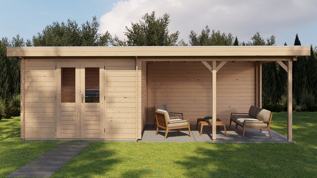 Trädgårdshus Motala - 7x3m (21 kvm) - Obehandlat – Vy från sidan med stängd dörr.